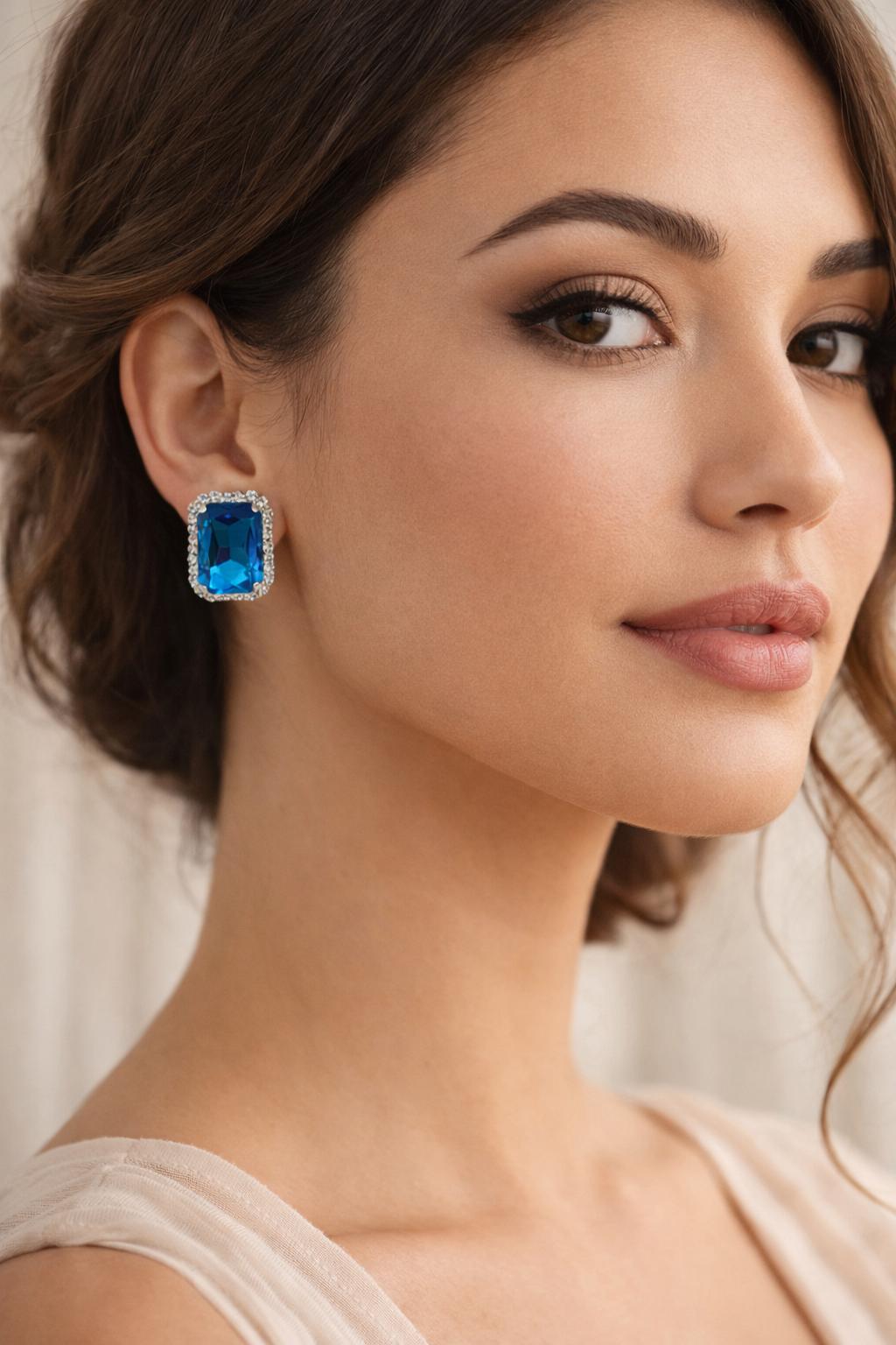Nayvya Royal Azure Emerald-Cut Blue Diamond Halo Stud Earrings