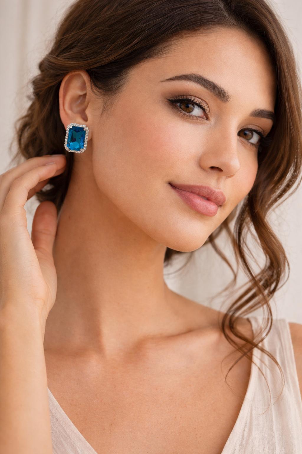 Nayvya Royal Azure Emerald-Cut Blue Diamond Halo Stud Earrings