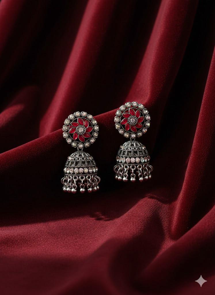 Nayvya Red Floral Oxidised Jhumka