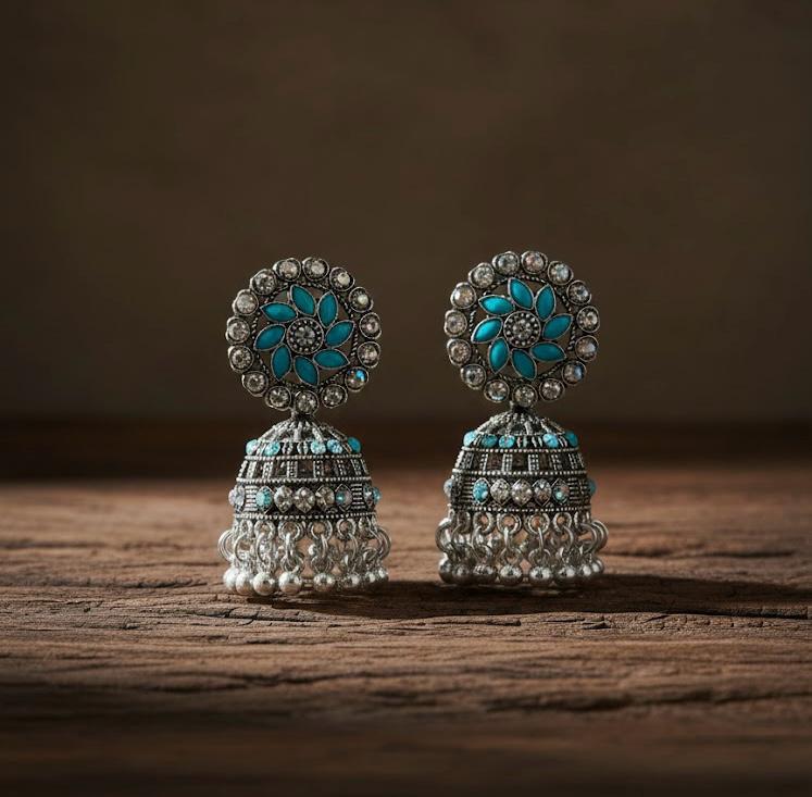 Nayvya Turquoise Floral Oxidised Jhumka